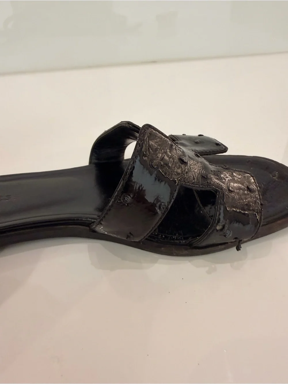 Hermes Black Patent Oran Slide Sandals for Women